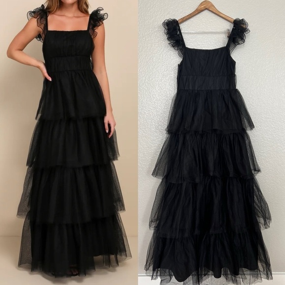 NWOT Tulle For Love Black Mesh Tulle Tiered Ruffled Maxi Dress - Picture 1 of 9